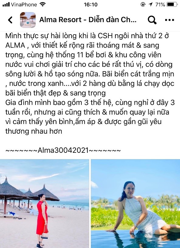 Chia sẻ của khách sở hữu kỳ nghỉ Alma Giang Đinh (ảnh chụp màn hình)